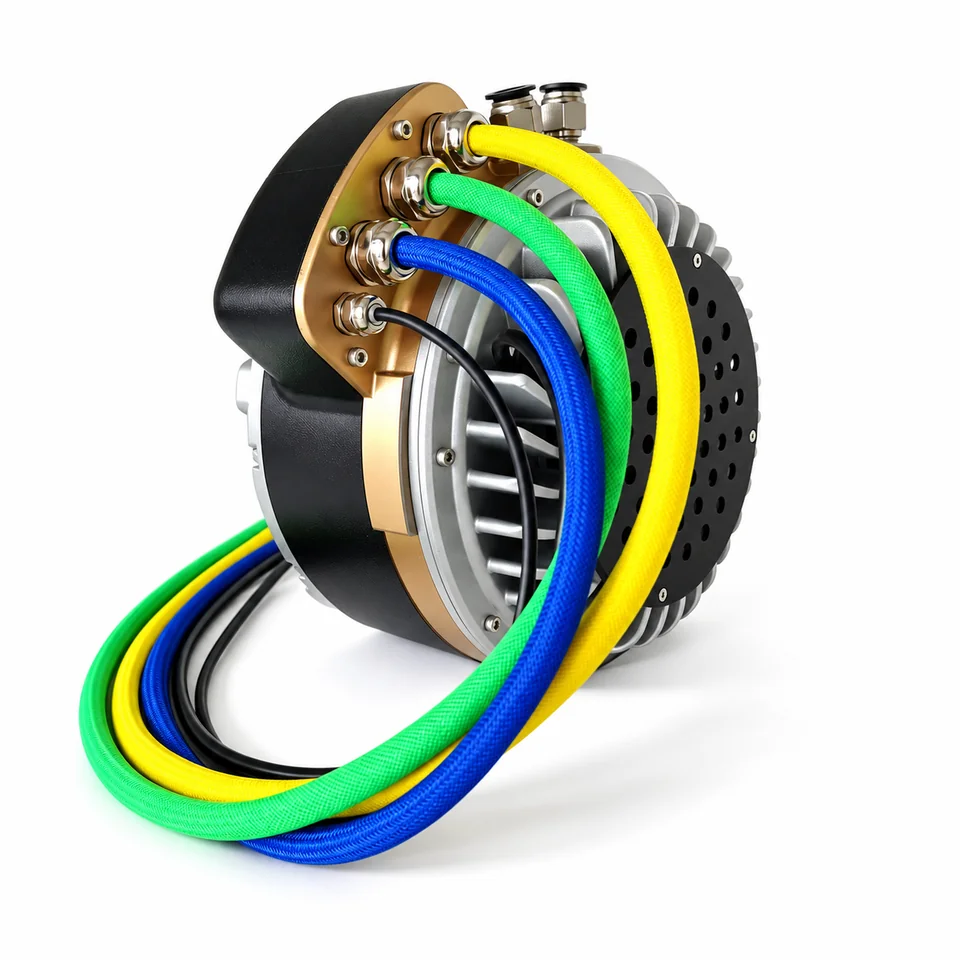 Compact disc motor with perforated black cover, silver cooling fins, gold terminal plate, two coolant ports and braided phase loops.